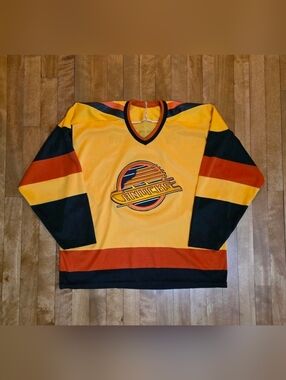 Vancouver Canucks CCM Maska Jersey Yellow Mens Size L 80's Barry Pederson